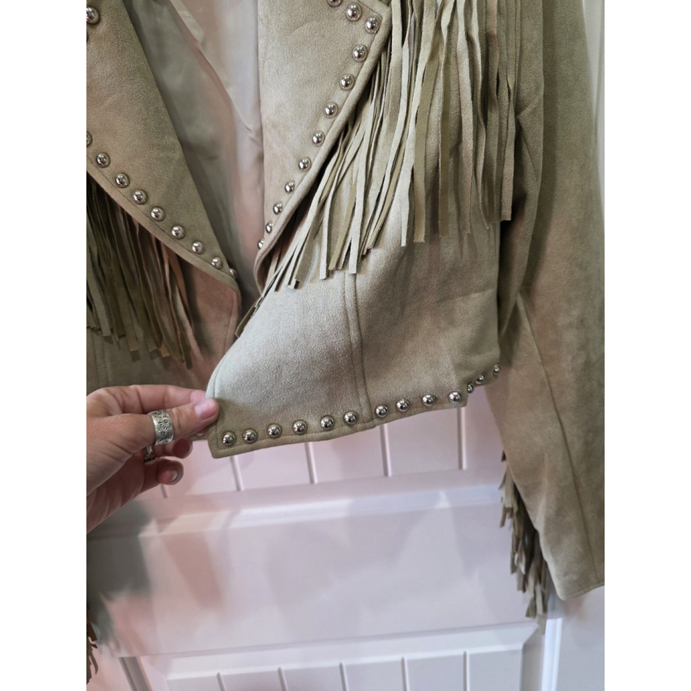 Fringe & Studded Cropped Faux Suede Jacket Size Large NWOT Boho Western Cowgirl - Picture 5 of 8